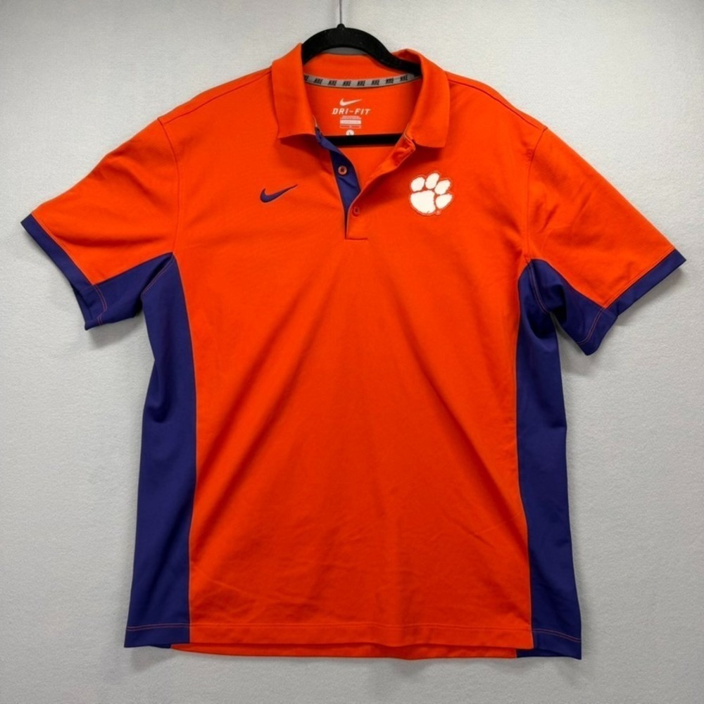 Clemson Tigers Polo Shirt Mens L Orange Blue‎ Dri Fit Nike NCAA Football Sports